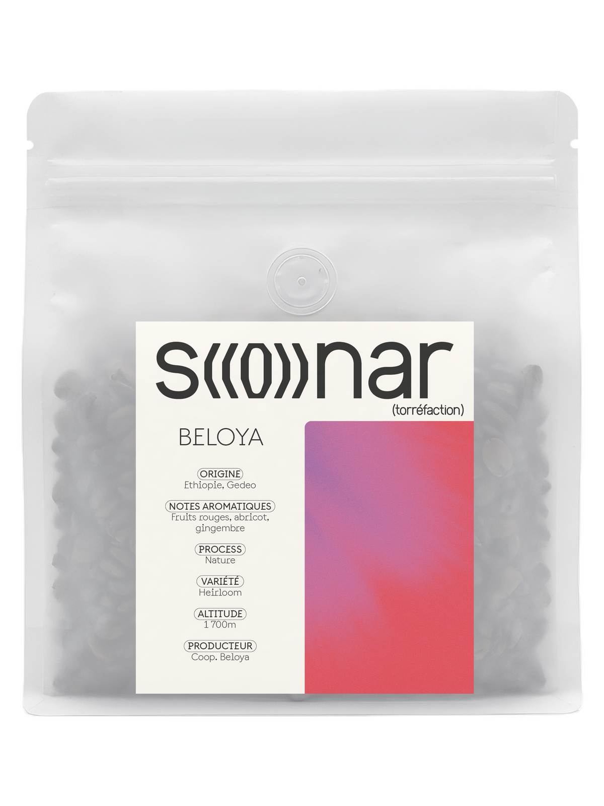 Sachet SONAR Beloya 250 g, étiquette à ondes rouges, Éthiopie
