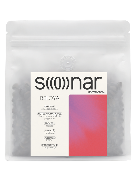 Sachet SONAR Beloya 250 g, étiquette à ondes rouges, Éthiopie