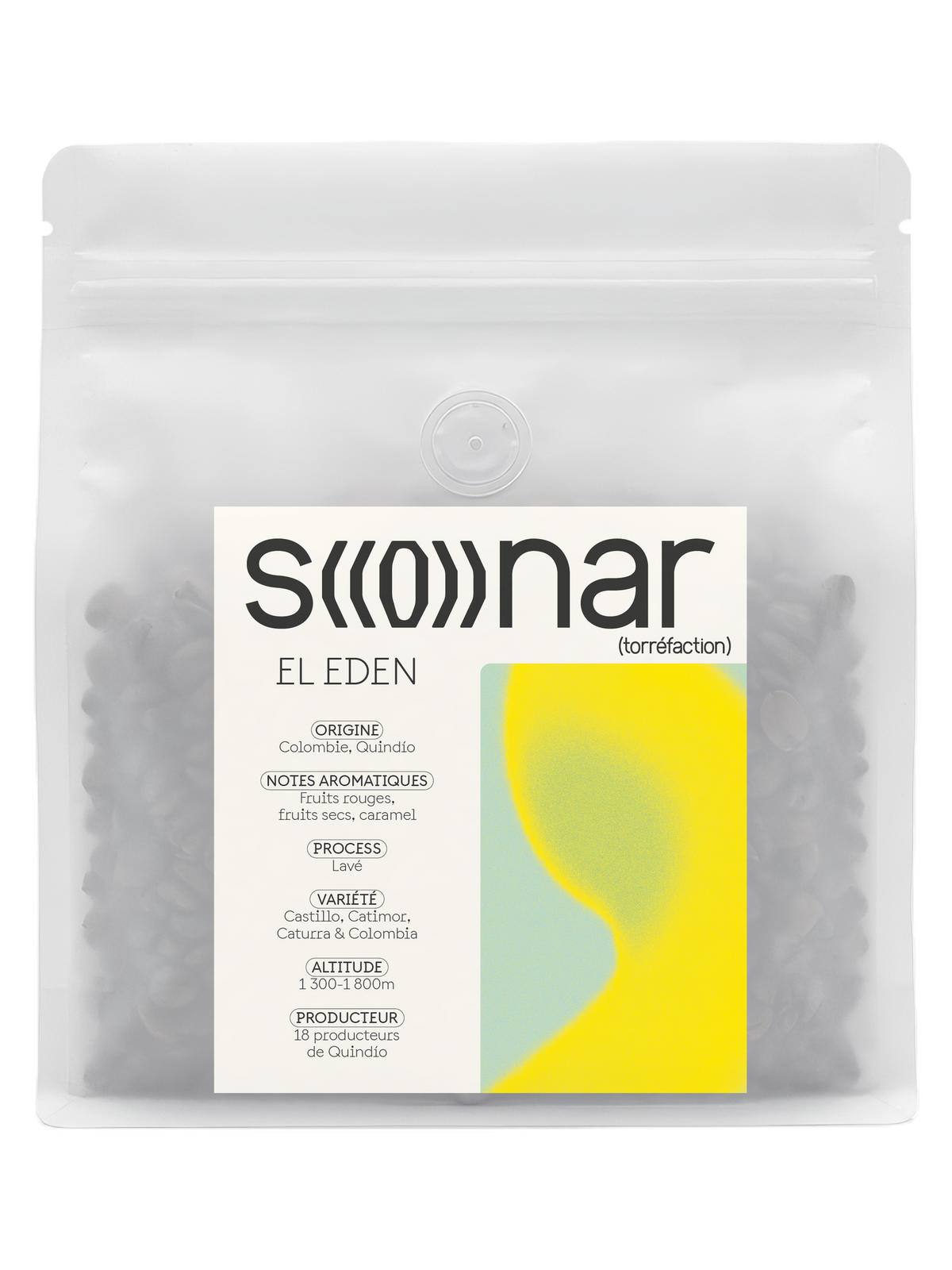 Sachet SONAR El Eden 250 g, étiquette à ondes jaunes, Colombie
