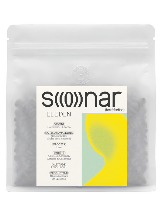 Sachet SONAR El Eden 250 g, étiquette à ondes jaunes, Colombie