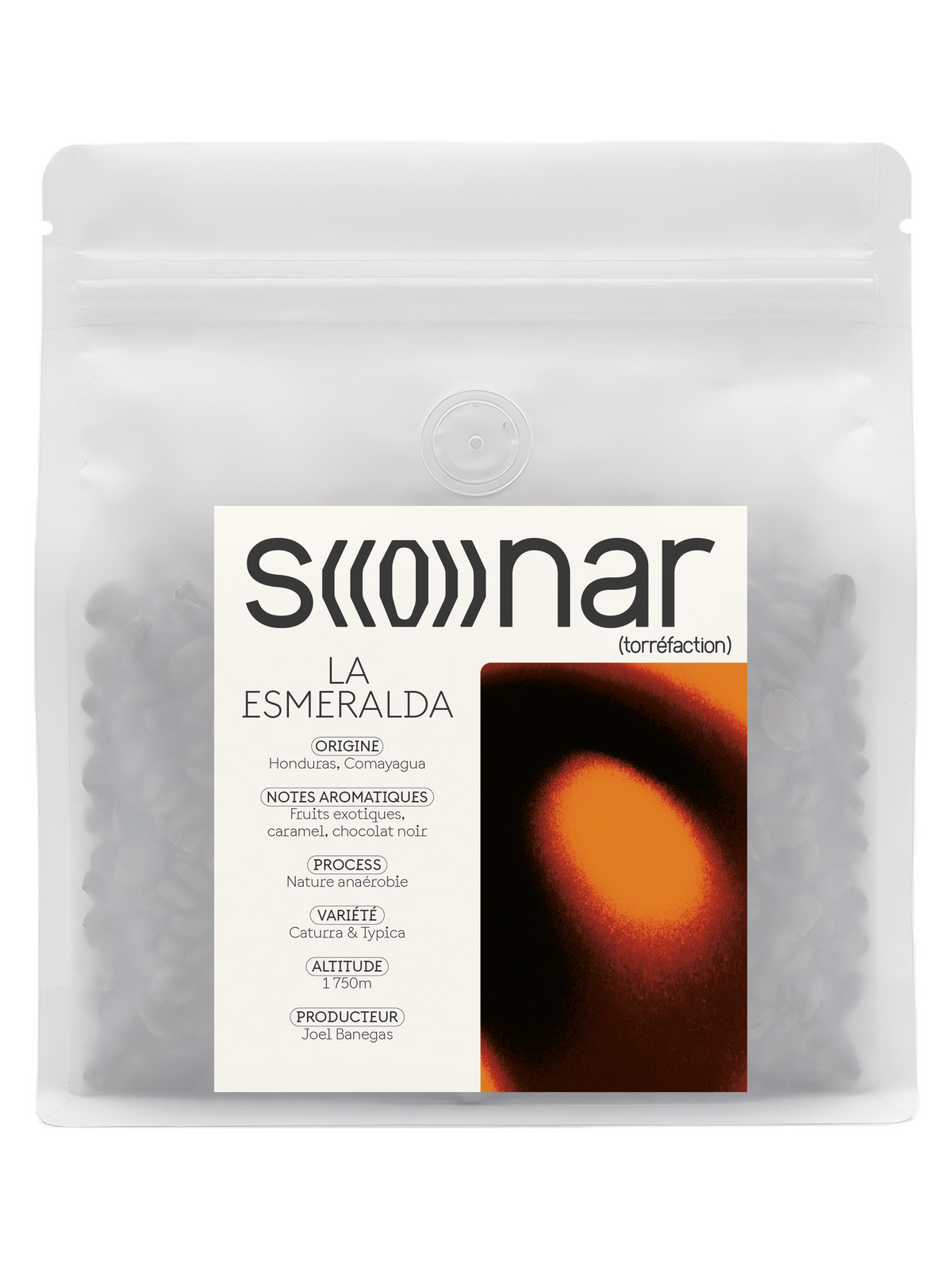 Sachet SONAR La Esmeralda 250 g, étiquette à ondes orange, Honduras