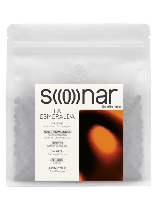 Sachet SONAR La Esmeralda 250 g, étiquette à ondes orange, Honduras