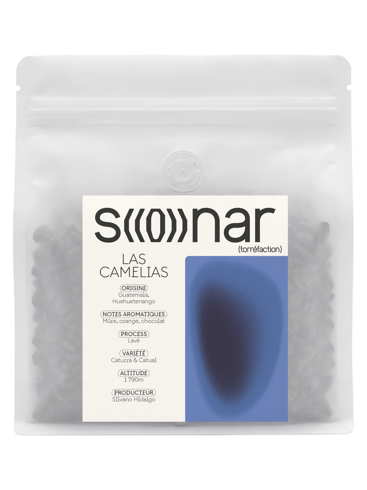 Sachet SONAR Las Camelias 250 g, étiquette à ondes bleues, Guatemala