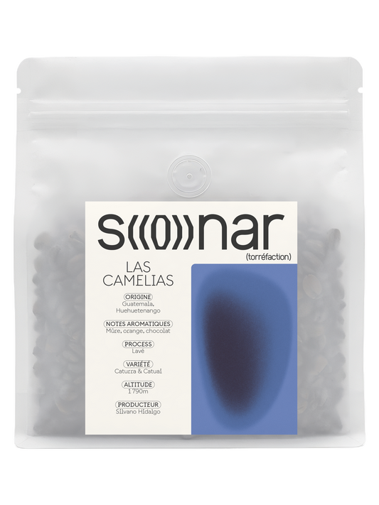 Sachet SONAR Las Camelias 250 g, étiquette à ondes bleues, Guatemala